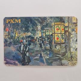 Карманный календарик 1992. Ночные улицы с рекламными вывесками и людьми. Календарь винтажный