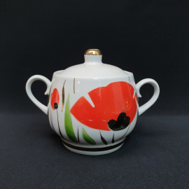 Винтажная сахарница Маки, Чайка, фарфор, роспись, позолота, 500 мл, СССР.