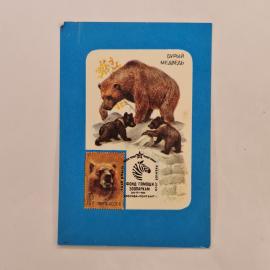 Карманный календарик 1990. Медведь с медвежатами на фоне осеннего леса. Календарь винтажный