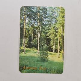 Карманный календарик 1991. Лесной пейзаж, сосны и зелёные луга. Календарь винтажный