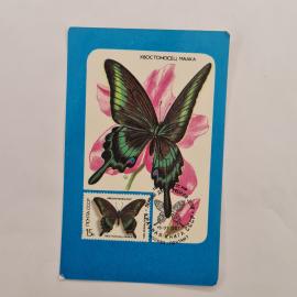 Карманный календарик 1989. Красивые бабочки на фоне розы. Календарь винтажный