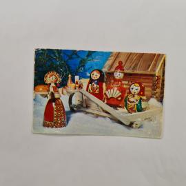 Карманный календарик 1978. Матрешки на фоне зимнего пейзажа. Календарь винтажный