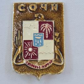 Значок СССР. Сочи, герб города, Здоровье народа, пальма и солнце. Винтажный значек.