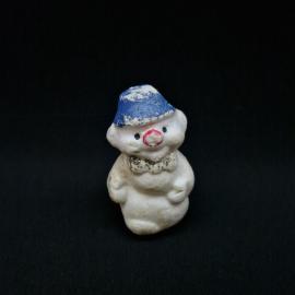 Игрушка елочная винтажная, СССР. Ватная фигурка снеговика в синей шапке и с бантом