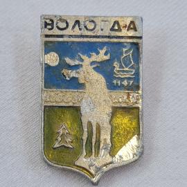Значок СССР. Вологда, герб, лось, ладья, 1147, Вологодская область, Русский Север. Винтажный значек.