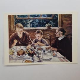 Открытка советская СССР. Семейная сцена, завтрак за столом по картине П Н Крылова, винтаж