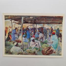 Открытка советская СССР. Живопись Беньков, восточный рынок, Узбекистан, Ташкент. Винтаж