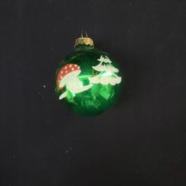 Елочная игрушка винтажная, СССР. Стеклянный зеленый шар с рисунком гриба и елей