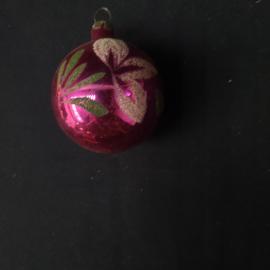 Елочная игрушка винтажная, СССР. Стеклянный шар бордового цвета с цветочным узором