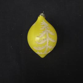 Елочная игрушка винтажная, СССР. Стеклянная подвеска желтого цвета с рисунком ели