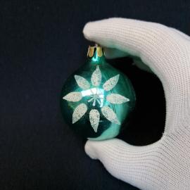 Елочная игрушка винтажная, СССР. Стекло, шар зеленый с белым цветочным узором