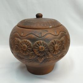 Горшок винтажный чугунок, СССР. Керамический с крышкой, декоративный рельефный узор с цветами