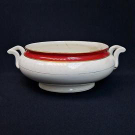Супница винтажная, СССР. Фарфоровая овальная с ручками, белая с красным бортом