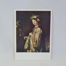 Открытка советская СССР. Живопись, Рембрандт ван Рейн, портрет Флоры из Эрмитажа. Винтаж