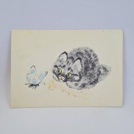 Открытка советская СССР. Котенок и бабочка, художник Е. Чарушин. Винтаж карточка детская иллюстрация