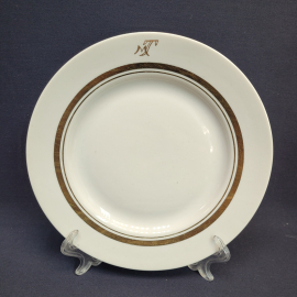 Тарелка пирожковая с золотой каймой "мТ", фарфор, ФЗ Дулёво, винтаж СССР.