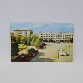 Открытка советская СССР. Мытищи, площадь Ленина, городские здания и сквер. Винтажная карточка