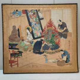 Картина художника Тоёхара Кунитика, ткань, раскрашенная вручную. Полотно 30х33см. Старая Япония.