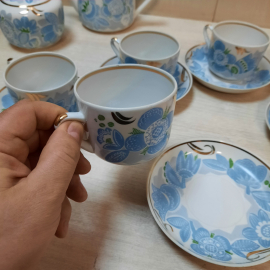 Чайный сервиз на 6 персон, 14 предметов, фарфор. Сколы на 2 блюдцах и чайнике. СССР.. Картинка 18