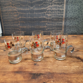 Винтажный набор из 6 стаканов с держателем, стекло метал СССР