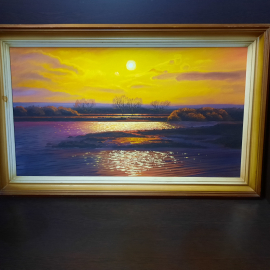 Картина маслo/фанера художника Владимира Плешкова "Закат", размер полотна 68х39