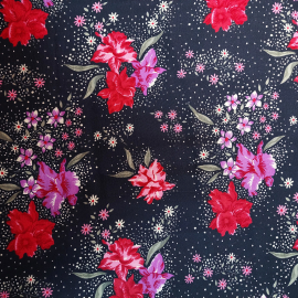 Ткань для платья, розово-сиреневые цветы на черном фоне, 130х200см (СССР).