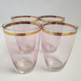 Набор стаканов для напитков, розовое цветное стекло, позолота, , дефекты см. фото, СССР 50-е годы