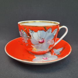 Винтажная пара чайная гигант "Мальва", потертости, фарфор, роспись, золочение, Барановский ФЗ. СССР