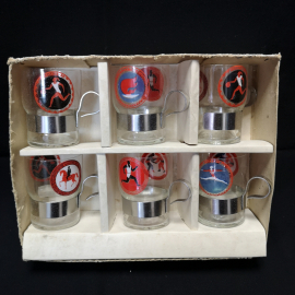Набор стаканов для самовара, 6 штук, тонкое стекло, ручка-подстаканник, в коробке. СССР