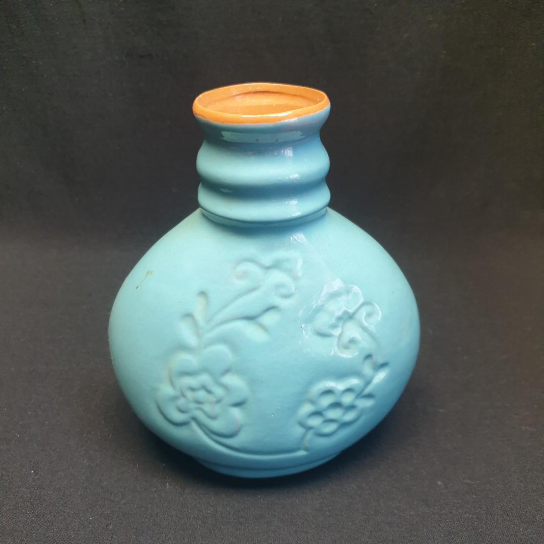 Керамическая ваза для цветов, цветная обливная керамика. СССР. Картинка 1