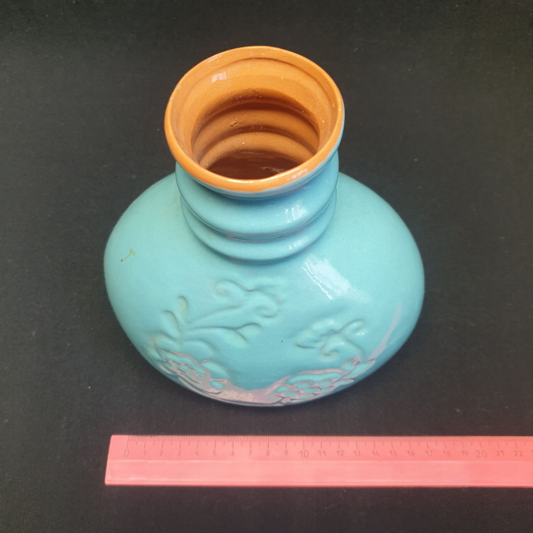 Керамическая ваза для цветов, цветная обливная керамика. СССР. Картинка 4