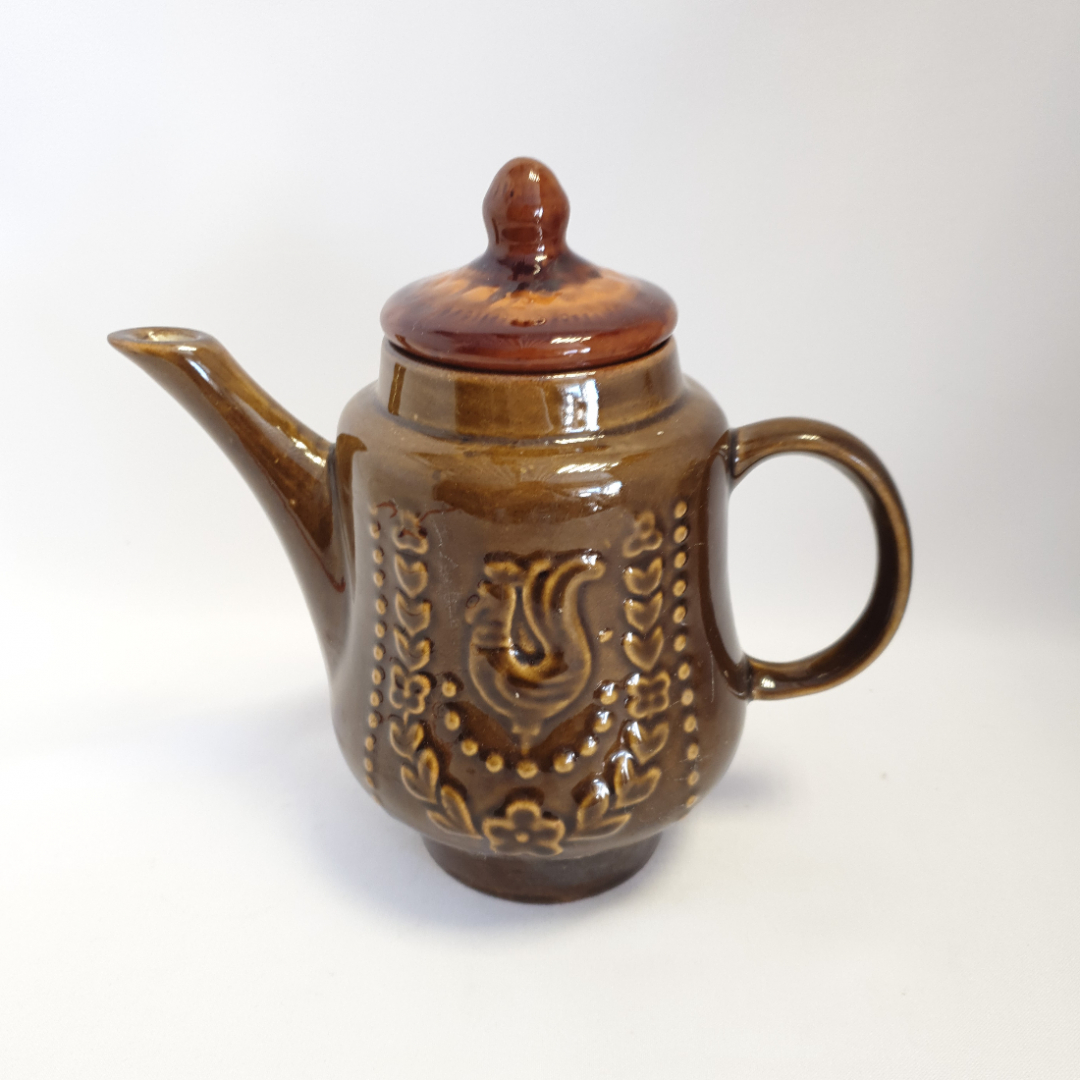 Чайник, обливная керамика, Петушок, неродная крышка, винтаж, СССР. Картинка 1