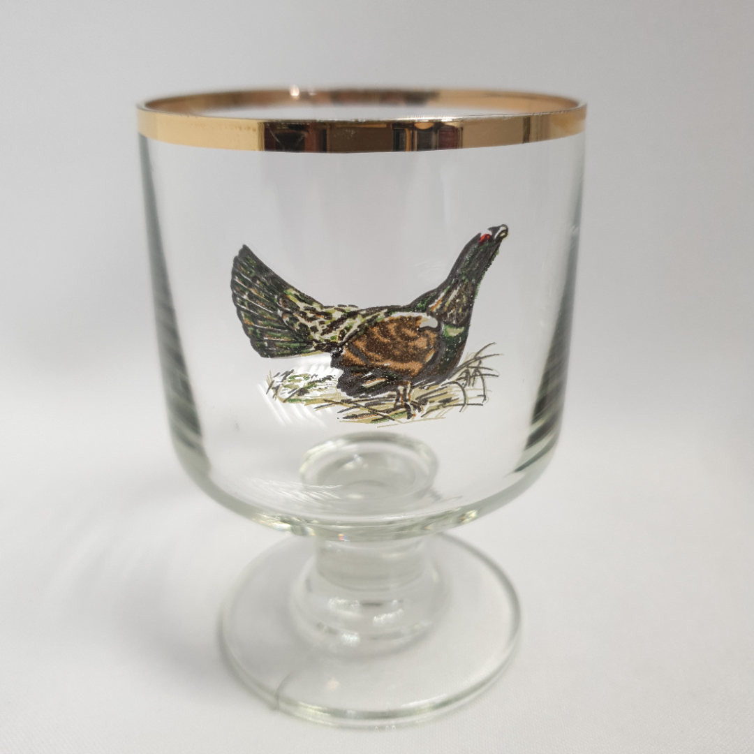 Бокал стекло золотая кайма  с птицей. Глухарь, СССР, цена за 1 шт. Картинка 3