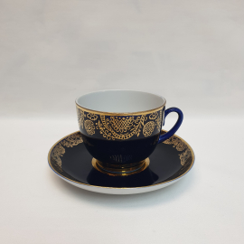 Чайная пара, ЛФЗ, фарфор, кобальтов крытье, позолота, винтаж СССР