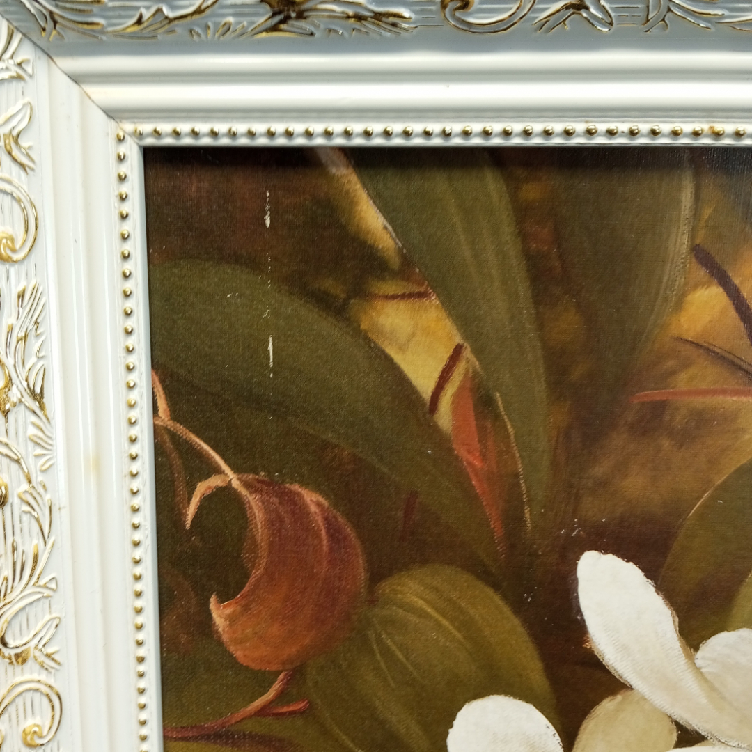 Картина "Белые цветы", печать  в раме с подрисовкой, фанера, размеры полотна 69 х 49 см. Картинка 5