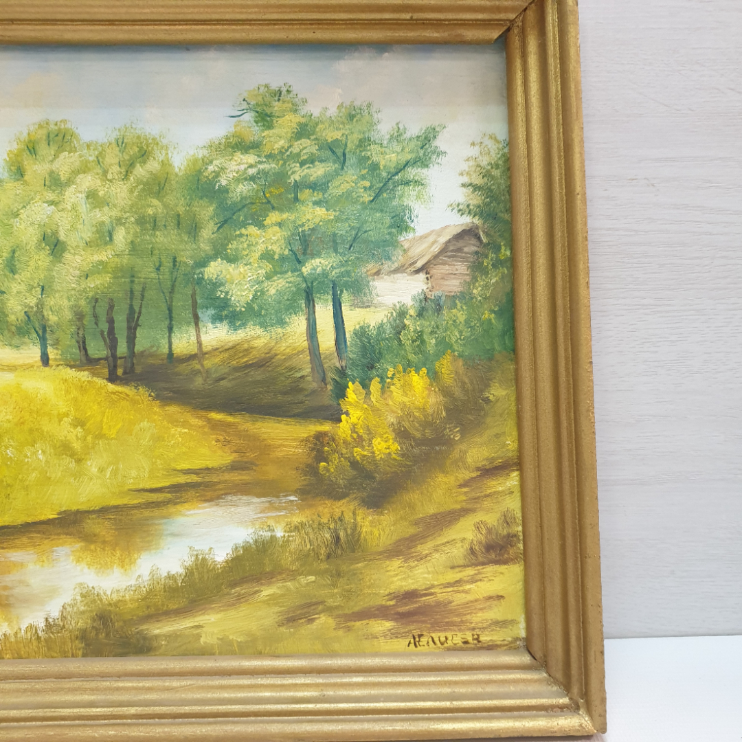 Картина маслом на ДВП, "Пейзаж с ручьем", подпись художника неразборчива, размер полотна 27х23 см. Картинка 4