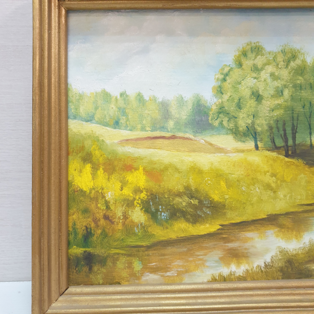 Картина маслом на ДВП, "Пейзаж с ручьем", подпись художника неразборчива, размер полотна 27х23 см. Картинка 6