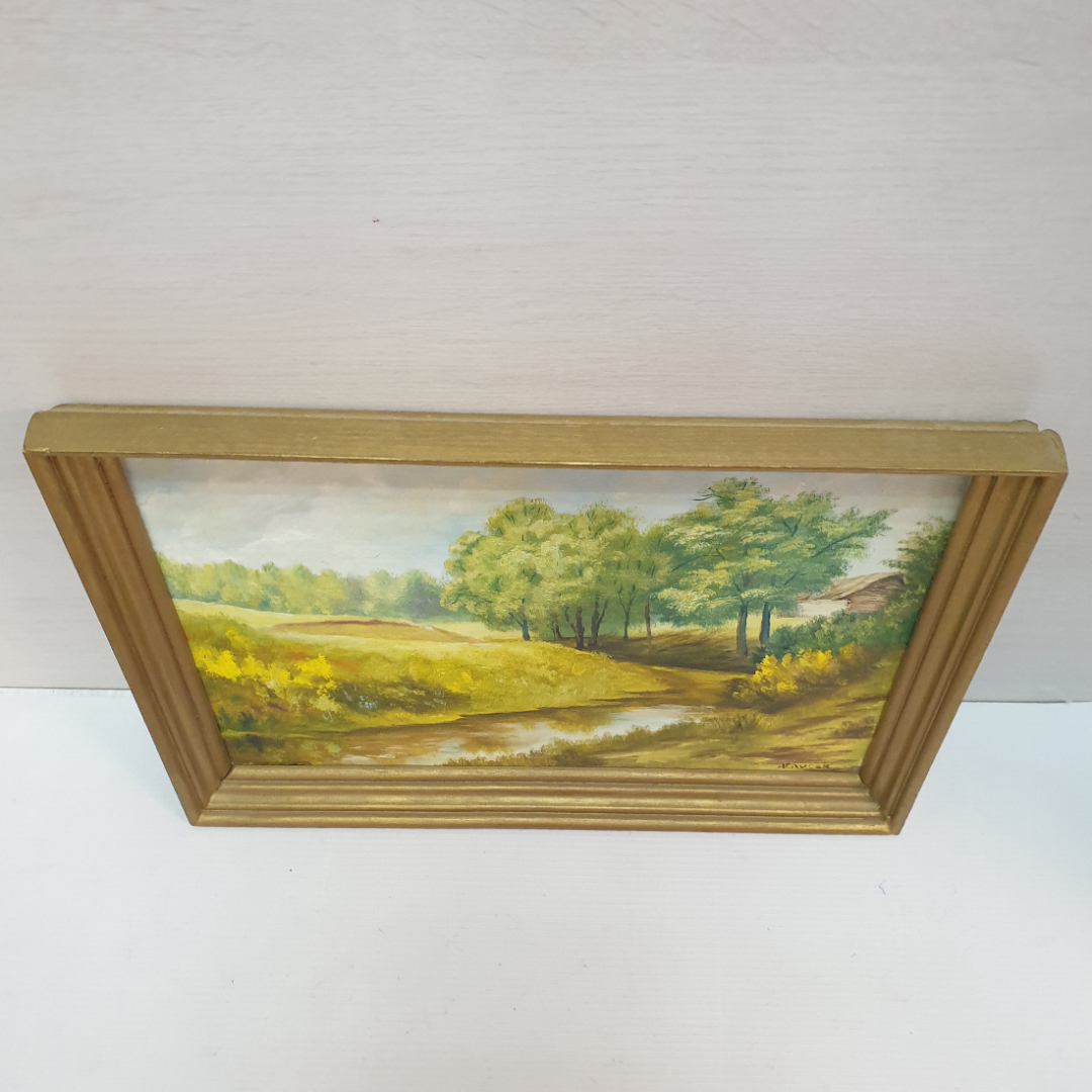 Картина маслом на ДВП, "Пейзаж с ручьем", подпись художника неразборчива, размер полотна 27х23 см. Картинка 7