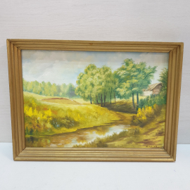 Картина маслом на ДВП, "Пейзаж с ручьем", подпись художника неразборчива, размер полотна 27х23 см. Картинка 1