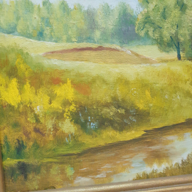 Картина маслом на ДВП, "Пейзаж с ручьем", подпись художника неразборчива, размер полотна 27х23 см. Картинка 2