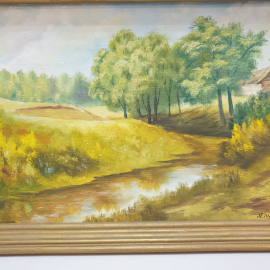 Картина маслом на ДВП, "Пейзаж с ручьем", подпись художника неразборчива, размер полотна 27х23 см. Картинка 5