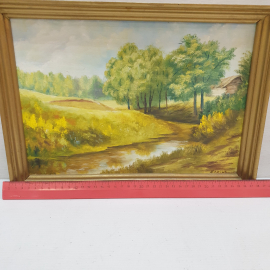 Картина маслом на ДВП, "Пейзаж с ручьем", подпись художника неразборчива, размер полотна 27х23 см. Картинка 9