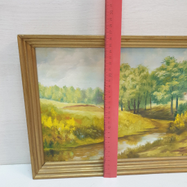 Картина маслом на ДВП, "Пейзаж с ручьем", подпись художника неразборчива, размер полотна 27х23 см. Картинка 10