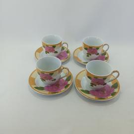 Набор чайно-кофейных пар из 4 штук, "Пионы", Arti M, фарфор, позолота, новые. Картинка 1