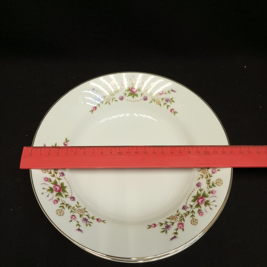 Набор суповых тарелок "Гирлянда цветов" Япония, Jamatsu, 23 см, 6 штук, фарфор, позолота. Картинка 7