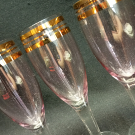 Набор фужеров для шампанского "Розовое золото", розовое стекло, позолота, высота 16 см, СССР. Картинка 3