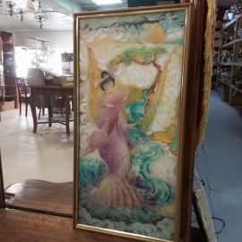 Картина батик на шелке Китаянка с веером , ручная работа, Азия, незначительные повреждения