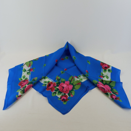 Платок шейный синий с цветами, размер 67х70 см, СССР. Картинка 1