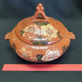 Супница, жаровня керамическая, роспись, диаметр 17 см, СССР. Картинка 9