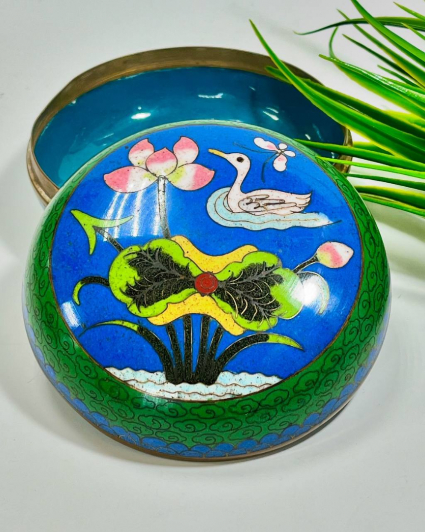 Круглая шкатулка в технике «cloisonne- клуазонне», Китай 1950х гг, винтаж. Картинка 5